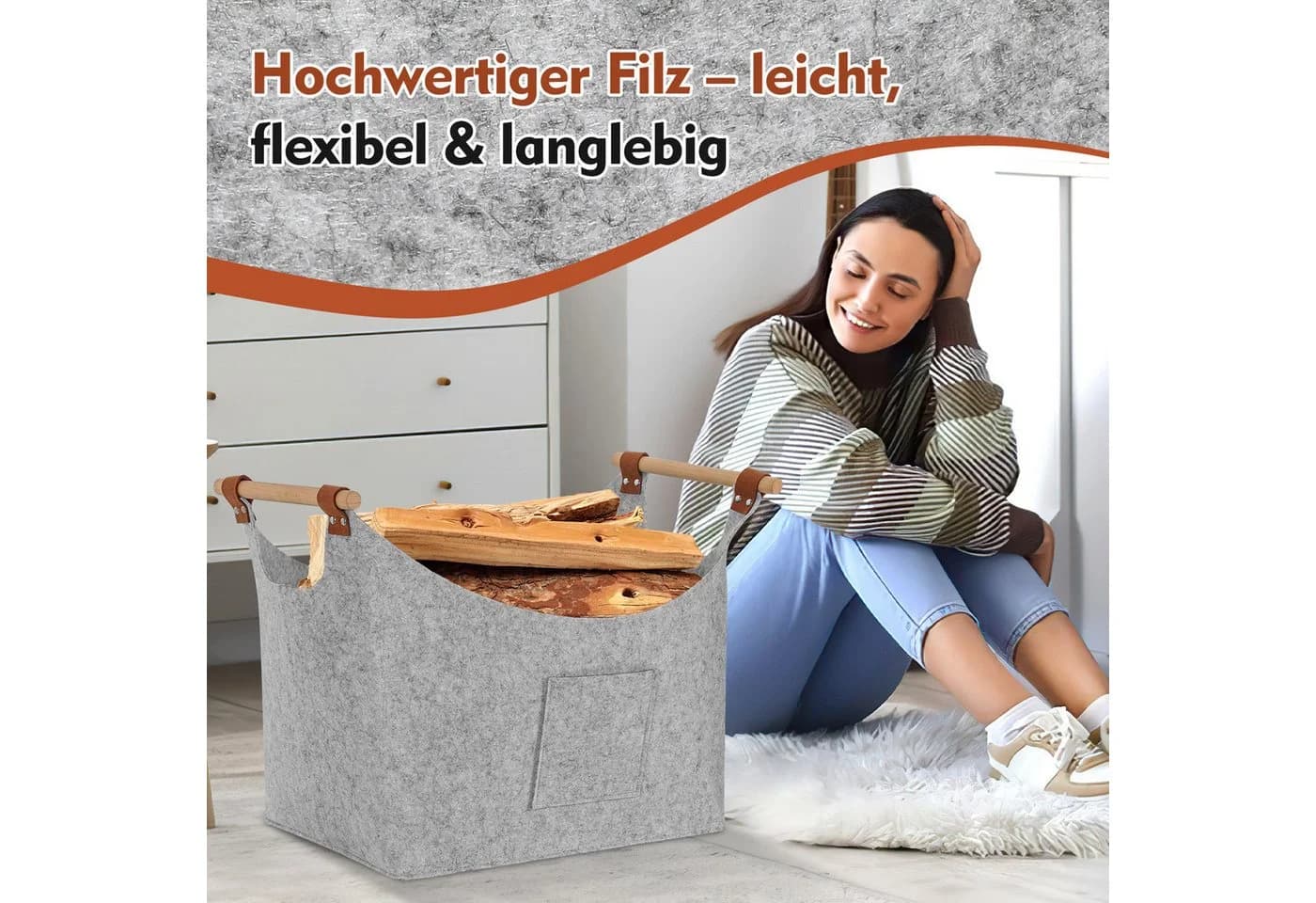 Clanmacy Filzkorb Aufbewahrungskorb mit Holzgriffen 5mm Hellgrau - Bild 4