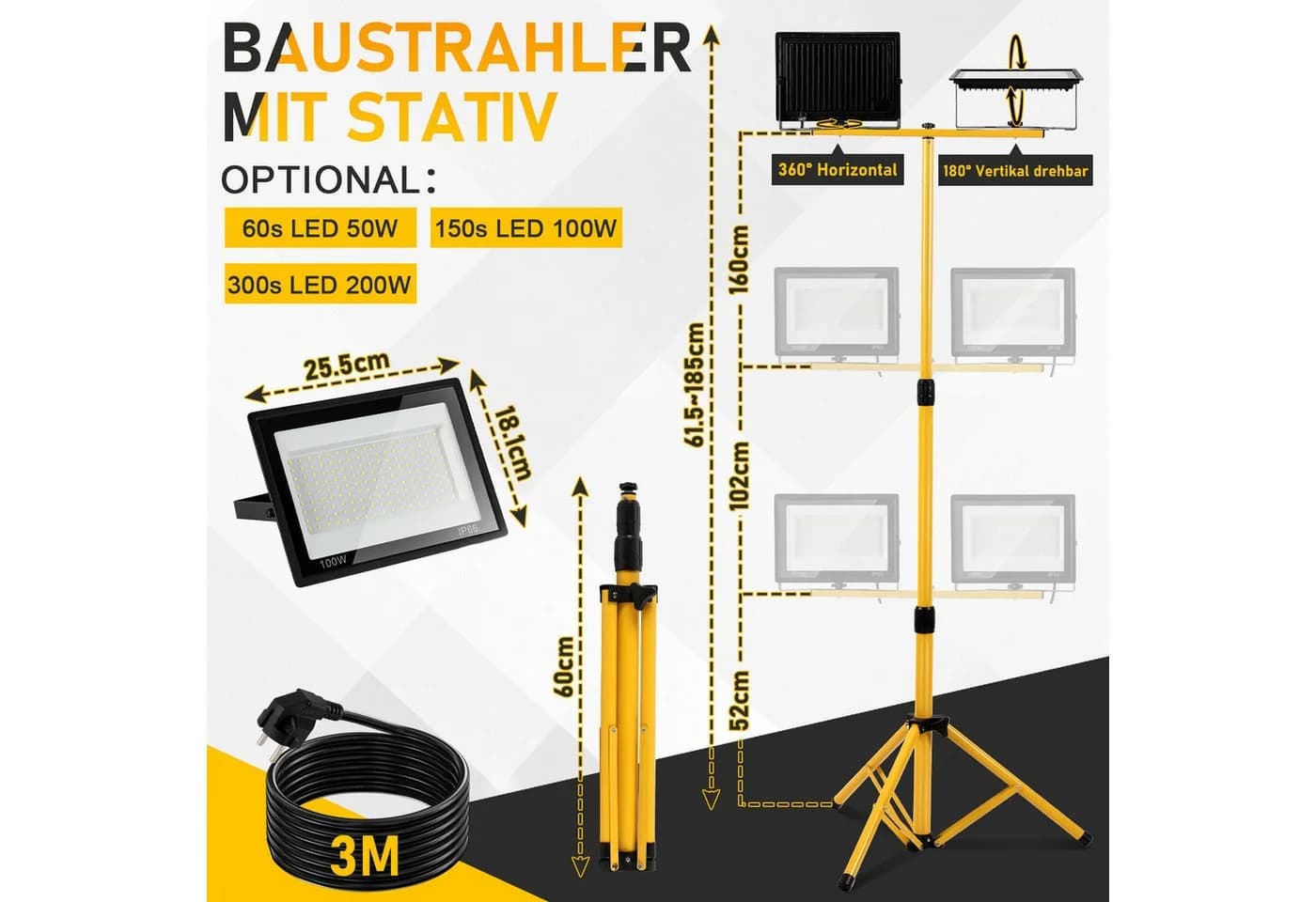 Clanmacy LED Flutlichtstrahler 200W mit Stativ IP66 Schwarz/Gelb