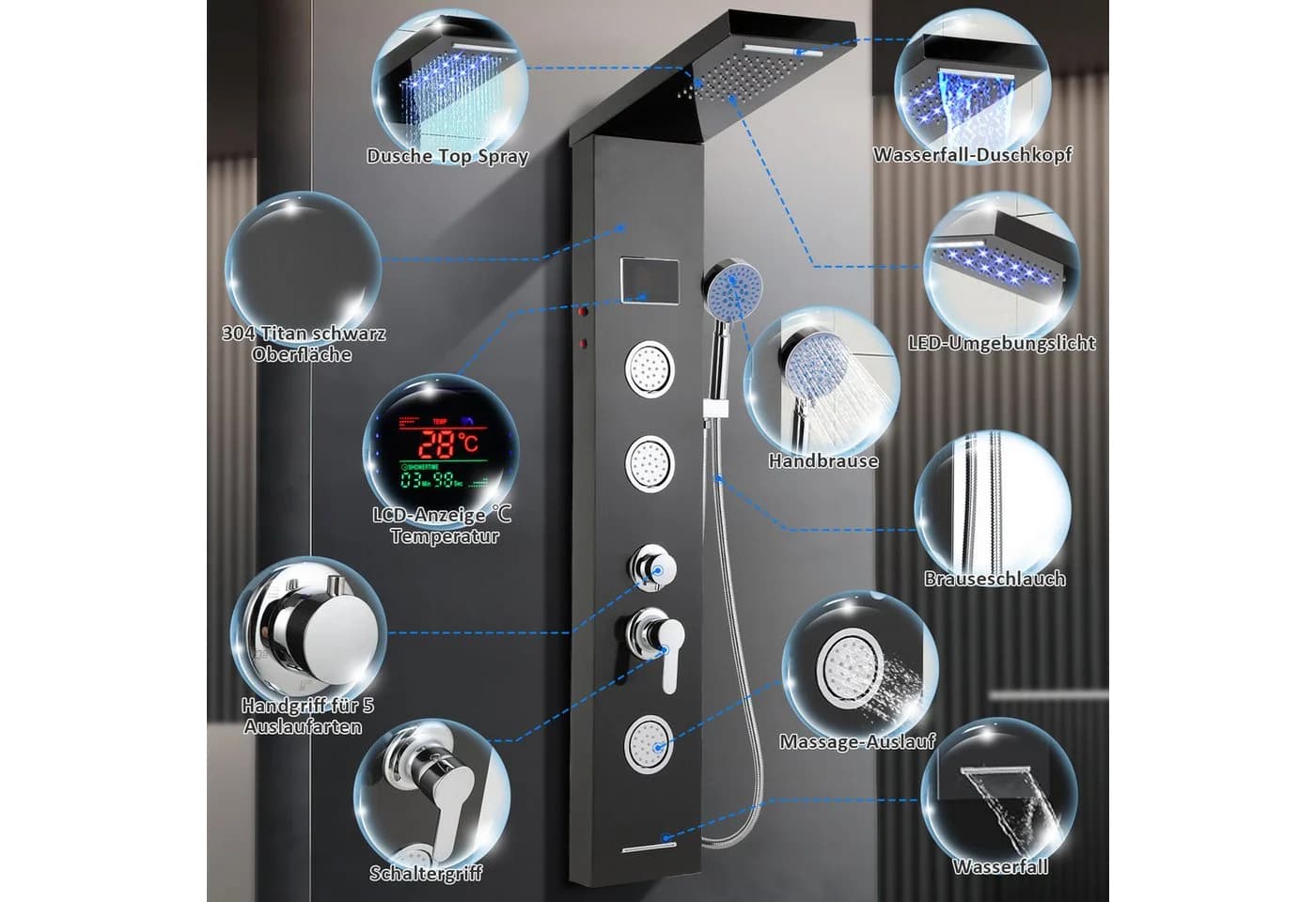 Clanmacy Duschsystem Duschpaneel Edelstahl 5 Funktionen LED - Bild 3
