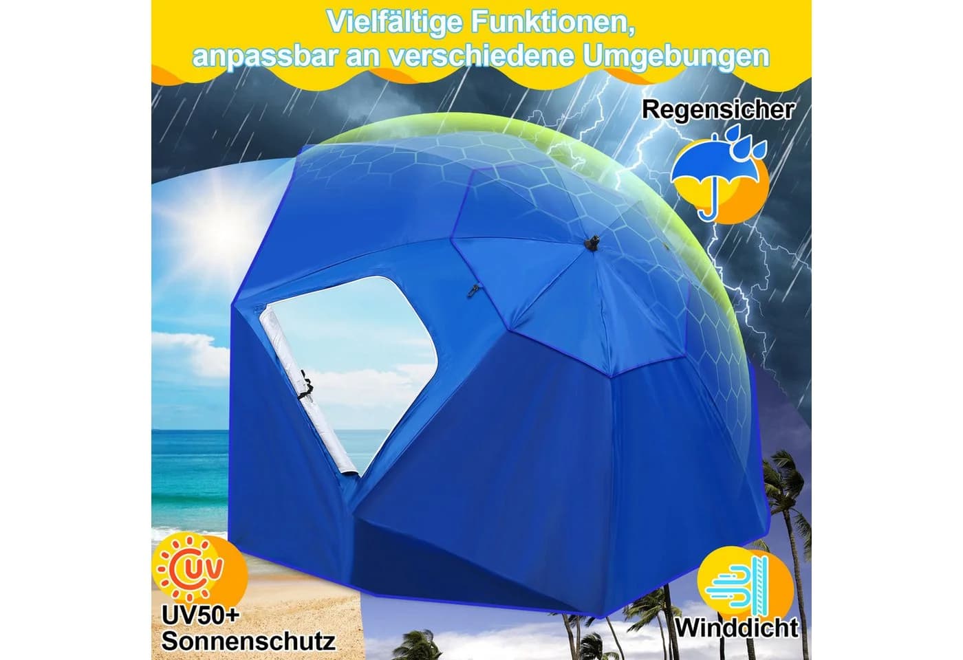 Clanmacy Sonnenschirm 210cm UV 50+ Neigbar Blau mit Erdspieß - Bild 3