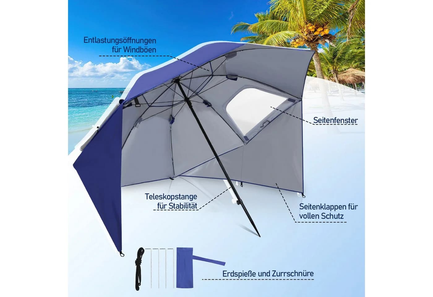 Clanmacy Sonnenschirm 210cm UV 50+ Neigbar Blau mit Erdspieß - Bild 4