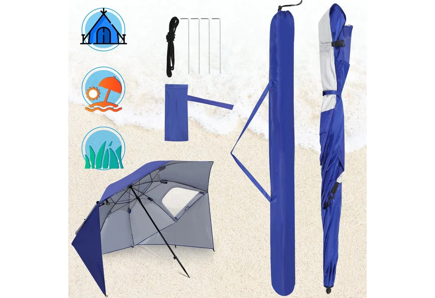 Clanmacy Sonnenschirm 210cm UV 50+ Neigbar Blau mit Erdspieß - Bild 5