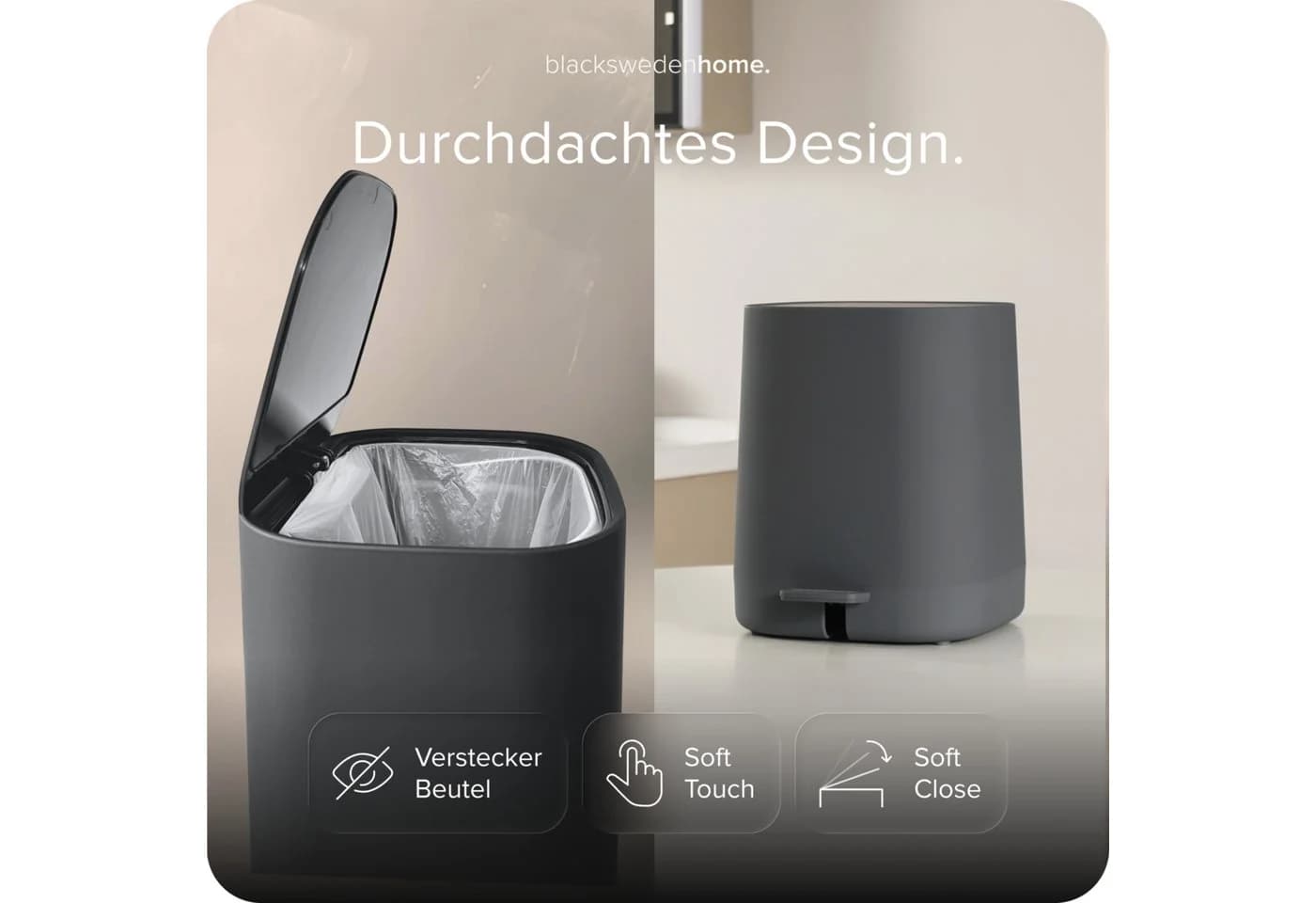 blackswedenhome Mülleimer Bad 5L Softclose Grau