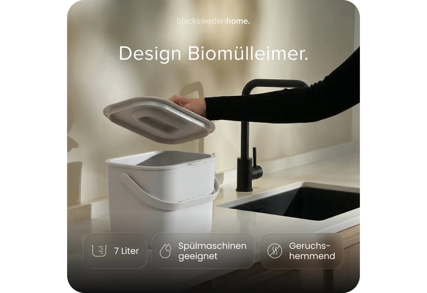 blackswedenhome Biomülleimer Küche 7L Schwarz mit Innensieb