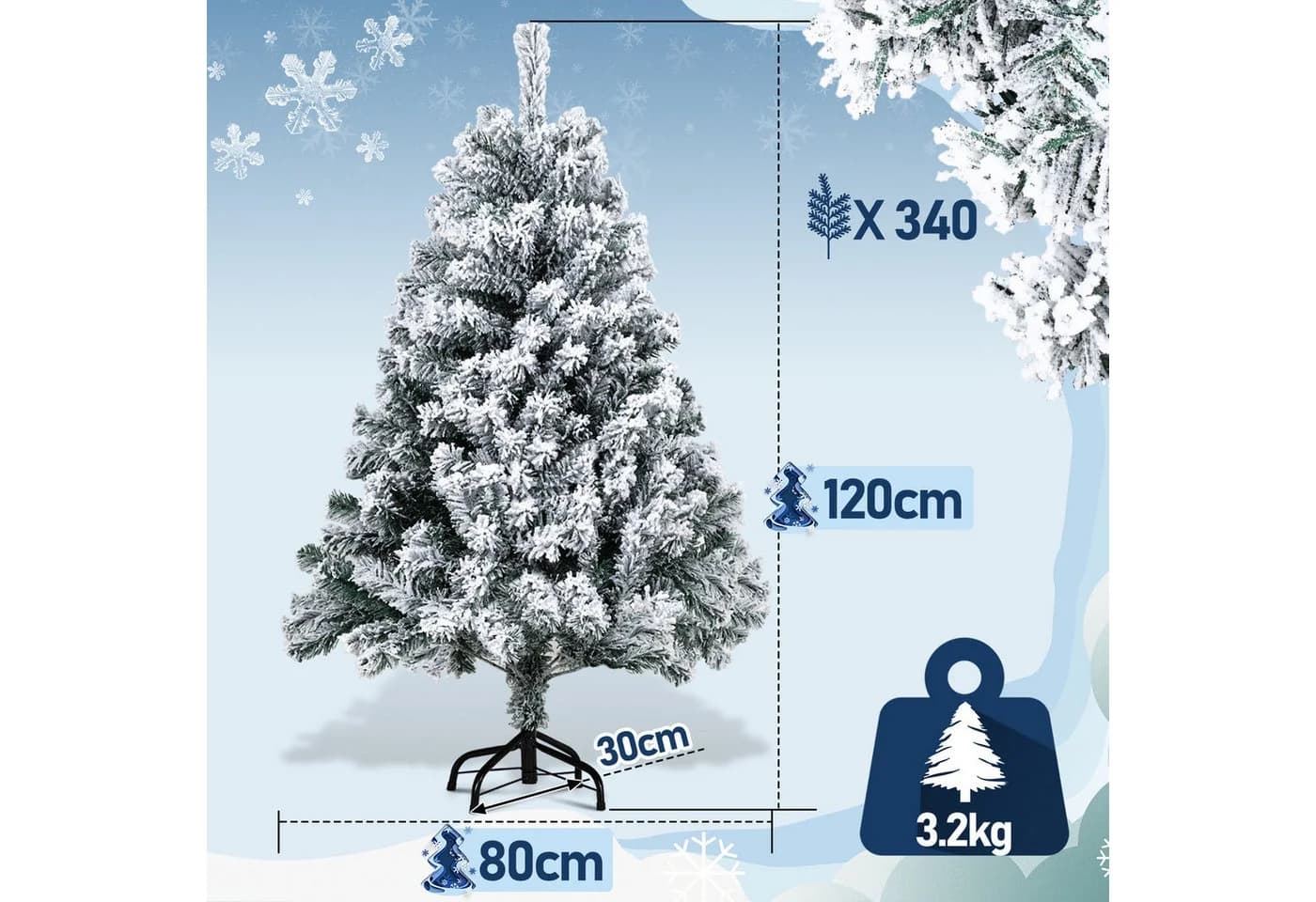 Clanmacy Künstlicher Weihnachtsbaum 120cm mit Metallständer und Beflockung