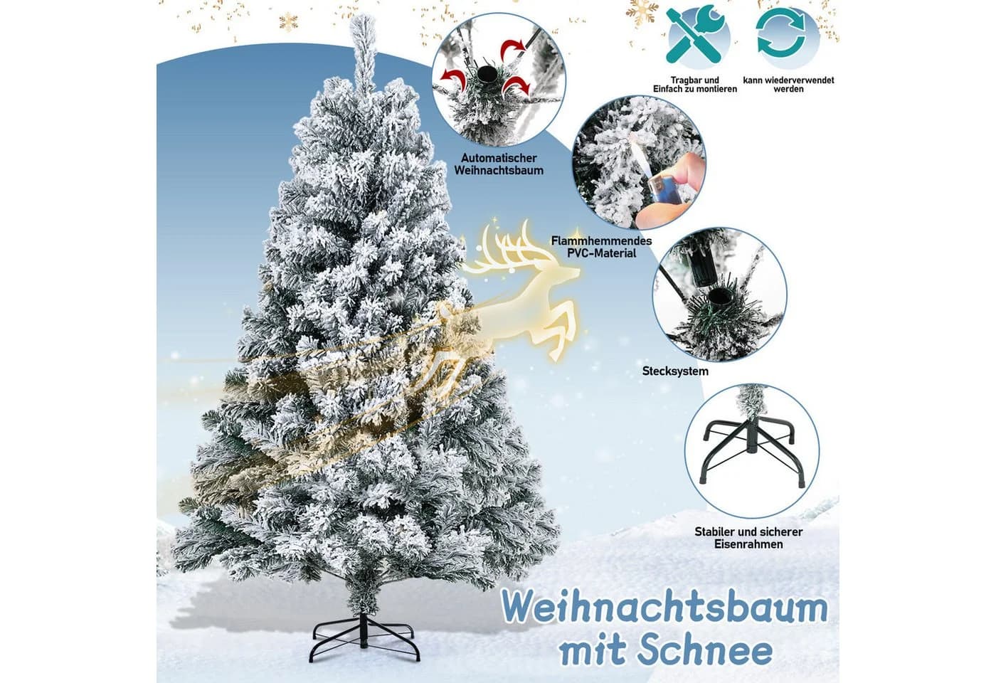 Clanmacy Künstlicher Weihnachtsbaum 120cm mit Metallständer und Beflockung - Bild 4