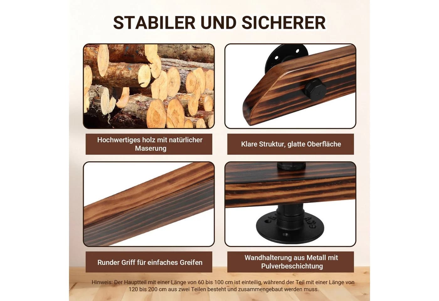 Clanmacy Wandhandlauf aus Massivholz 80 cm mit Halterung - Bild 3