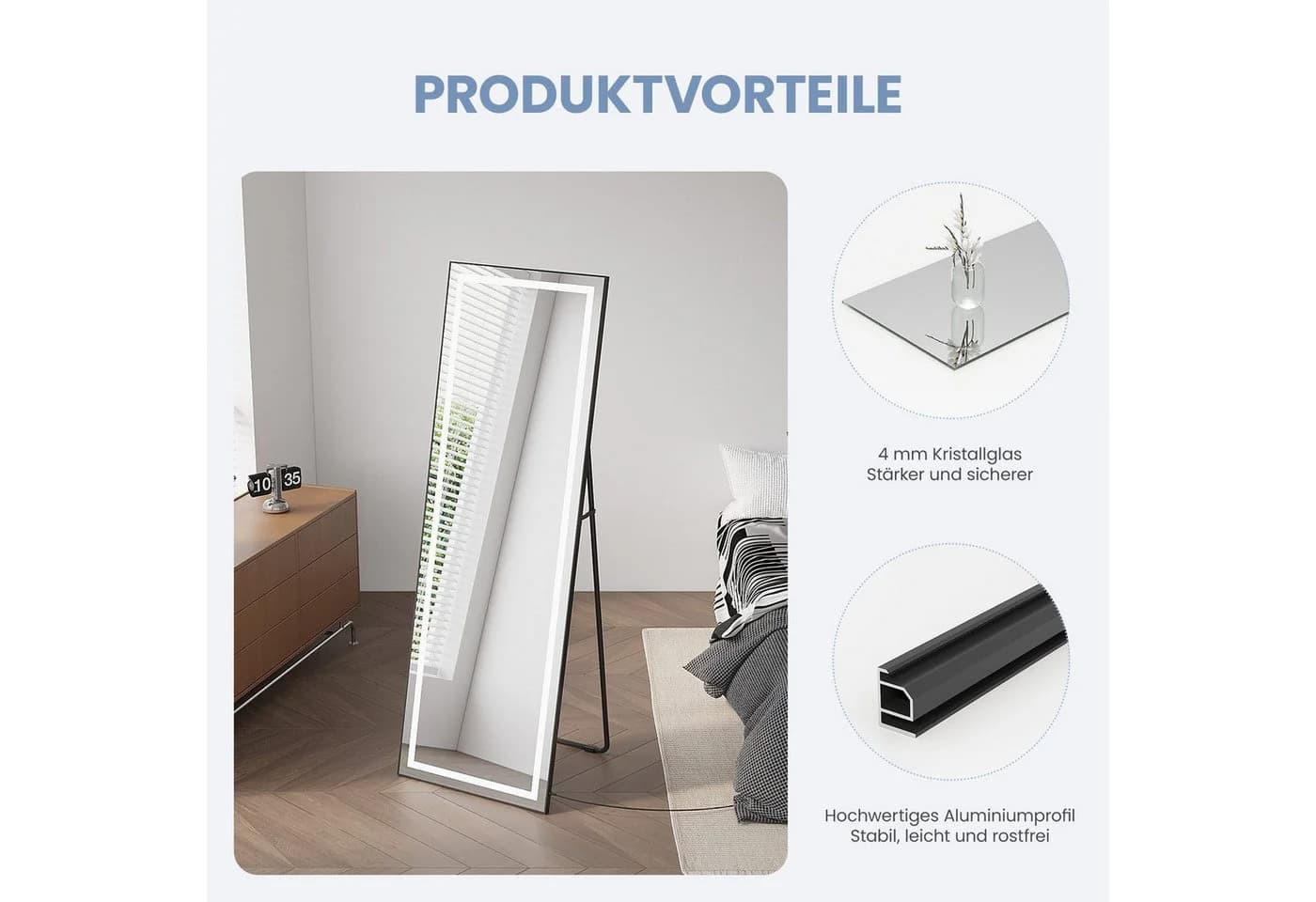 AQUALAVOS Standspiegel mit LED-Beleuchtung Schwarz - Bild 4