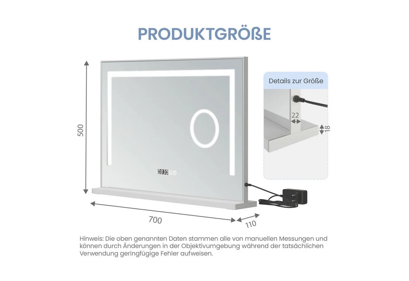 AQUALAVOS Schminkspiegel Kosmetikspiegel LED Schminkspiegel 70x50 cm/80x60 cm, Digital Uhr, 3 einstellbare Leuchten, mit deutscher Stecker - Bild 5