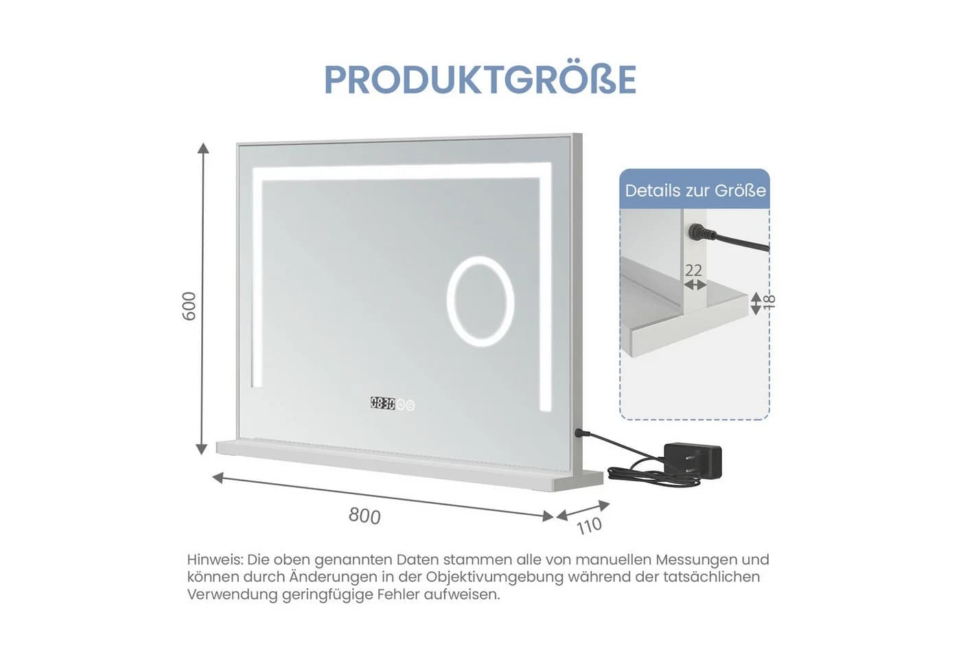 AQUALAVOS LED Schminkspiegel mit 3-fach Vergrößerung und Digitaler Uhr - Bild 5