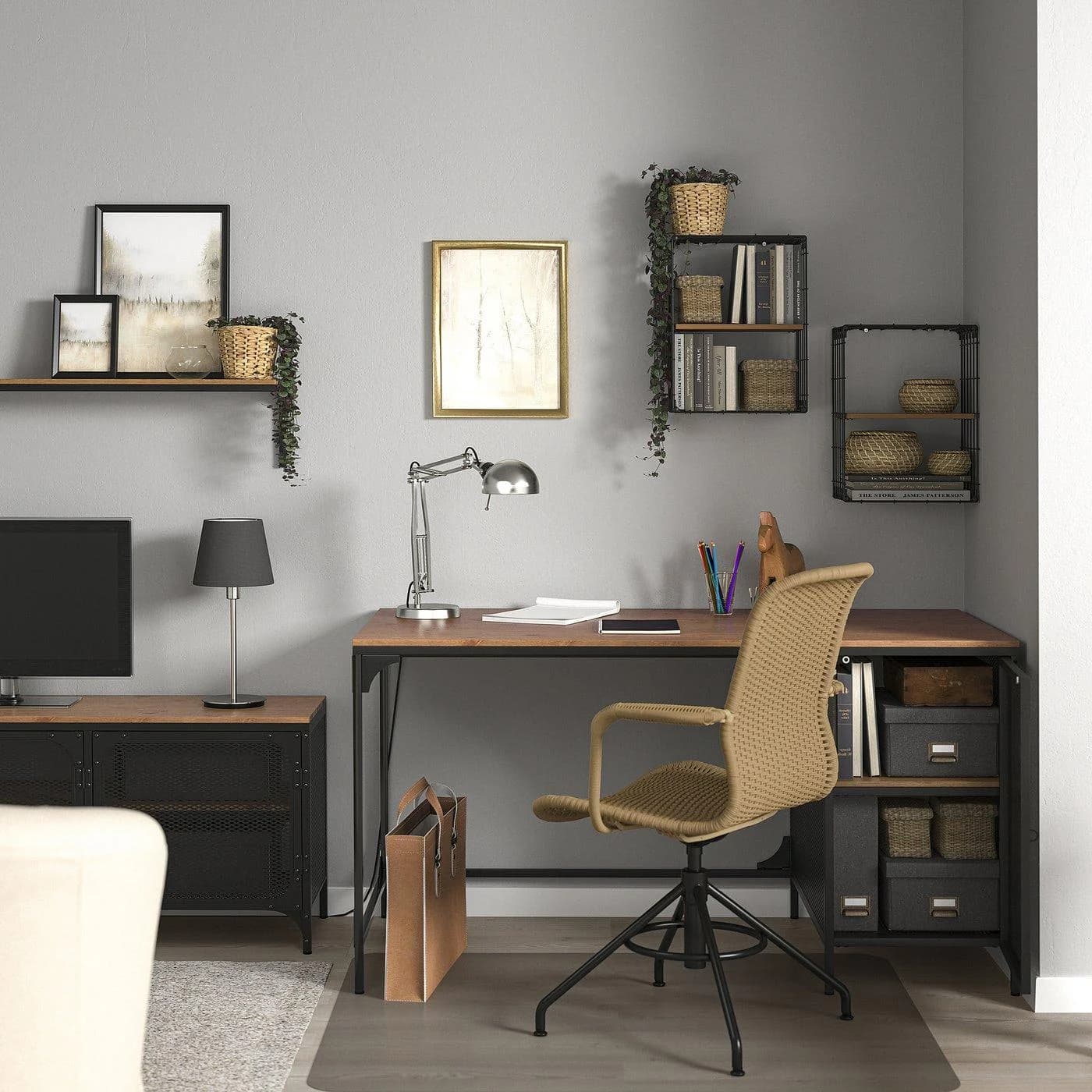 IKEA FJÄLLBO Schreibtisch Schwarz Metall Massivholz Industrial