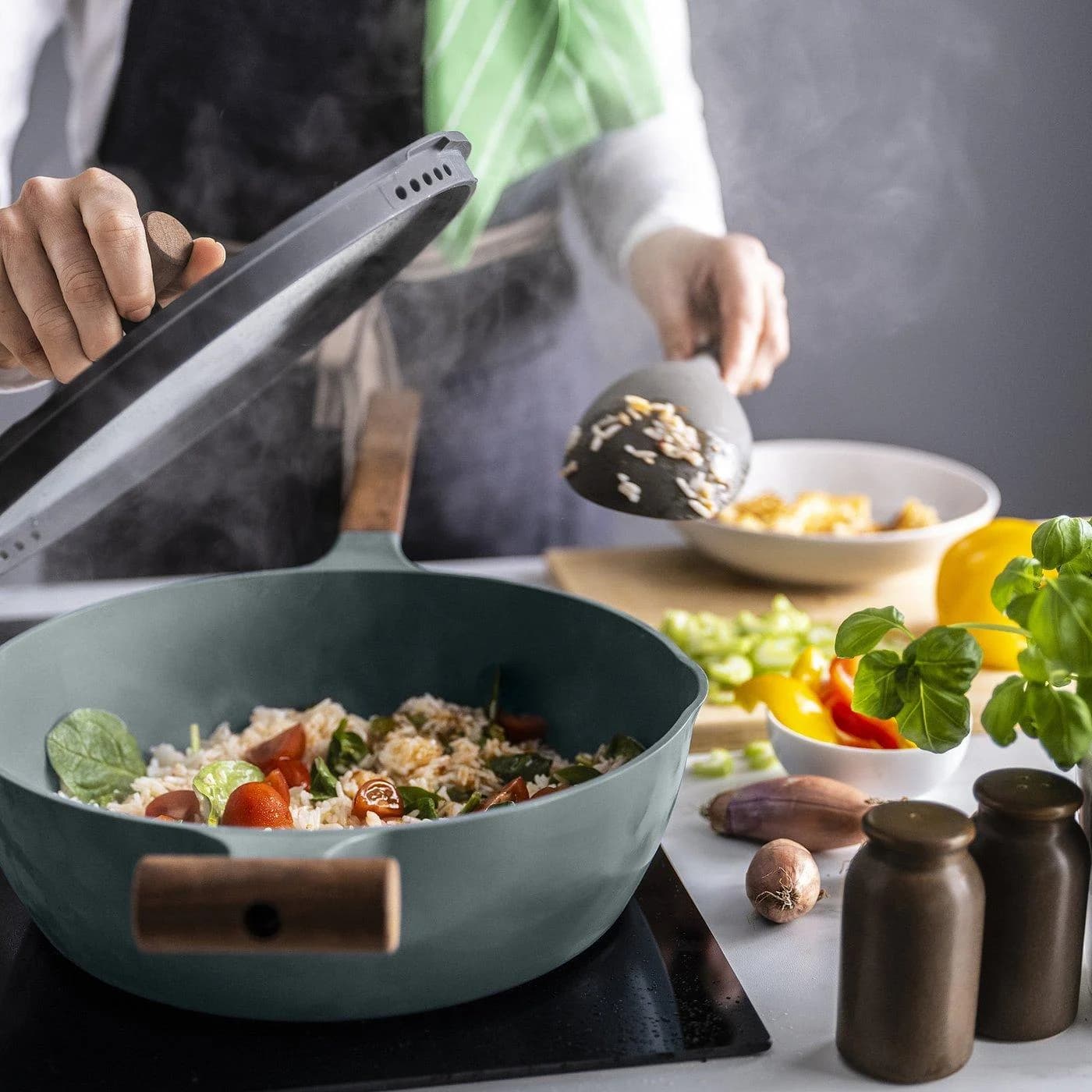 IKEA KLIPPFISK Sautépfanne mit Deckel Grau/Türkis Holzgriffe