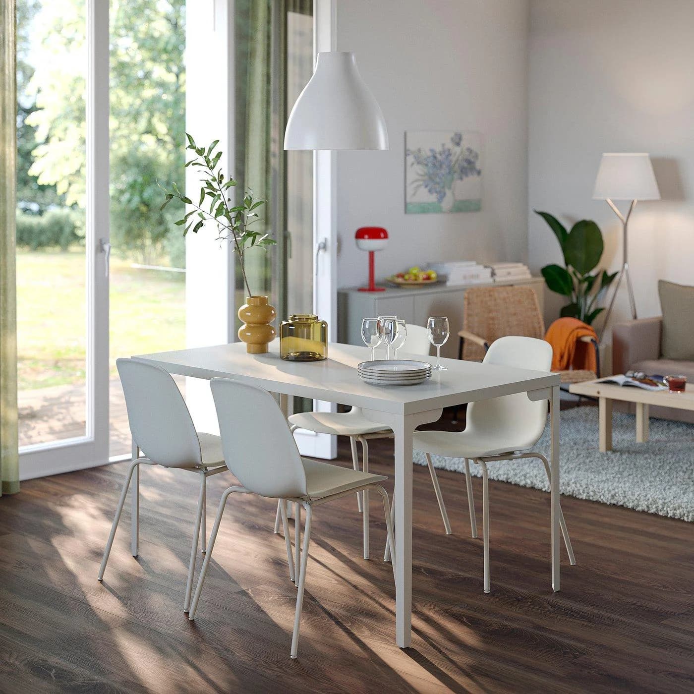 IKEA SKÅLSTA Esstisch mit 4 Stühlen Grau Beige Metall Kunststoff