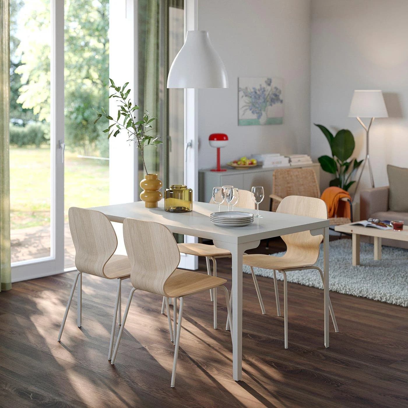 IKEA SKÅLSTA Esstisch mit 4 Stühlen Grau Beige Eichenfurnier Metall