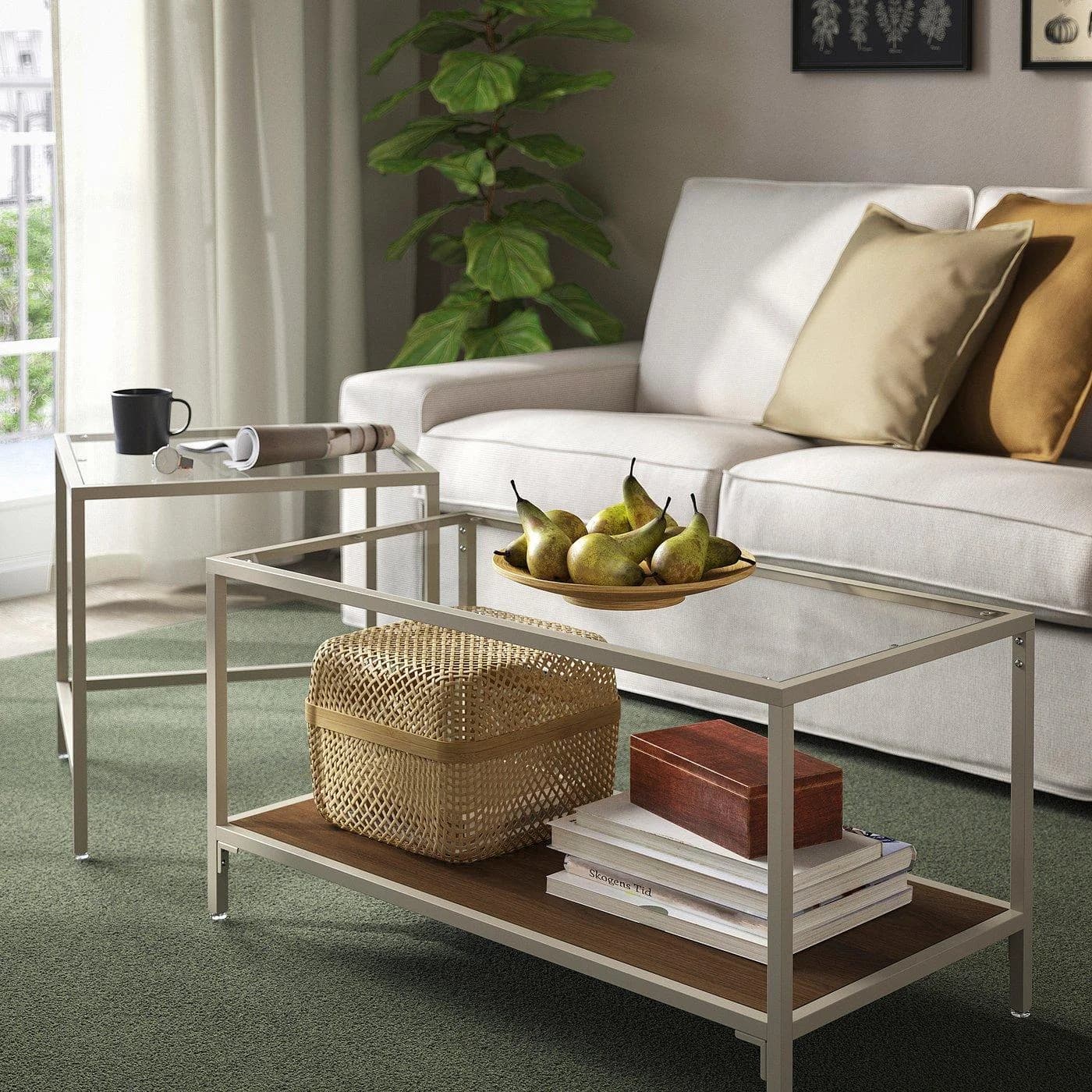 IKEA VITTSJÖ Satztische 2 St. Beige Glas Nussbaumholz