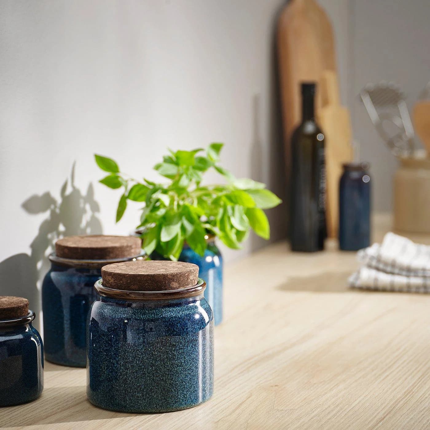 IKEA BRUGDHAJ Dose mit Deckel Blau Rustikales Steinzeug