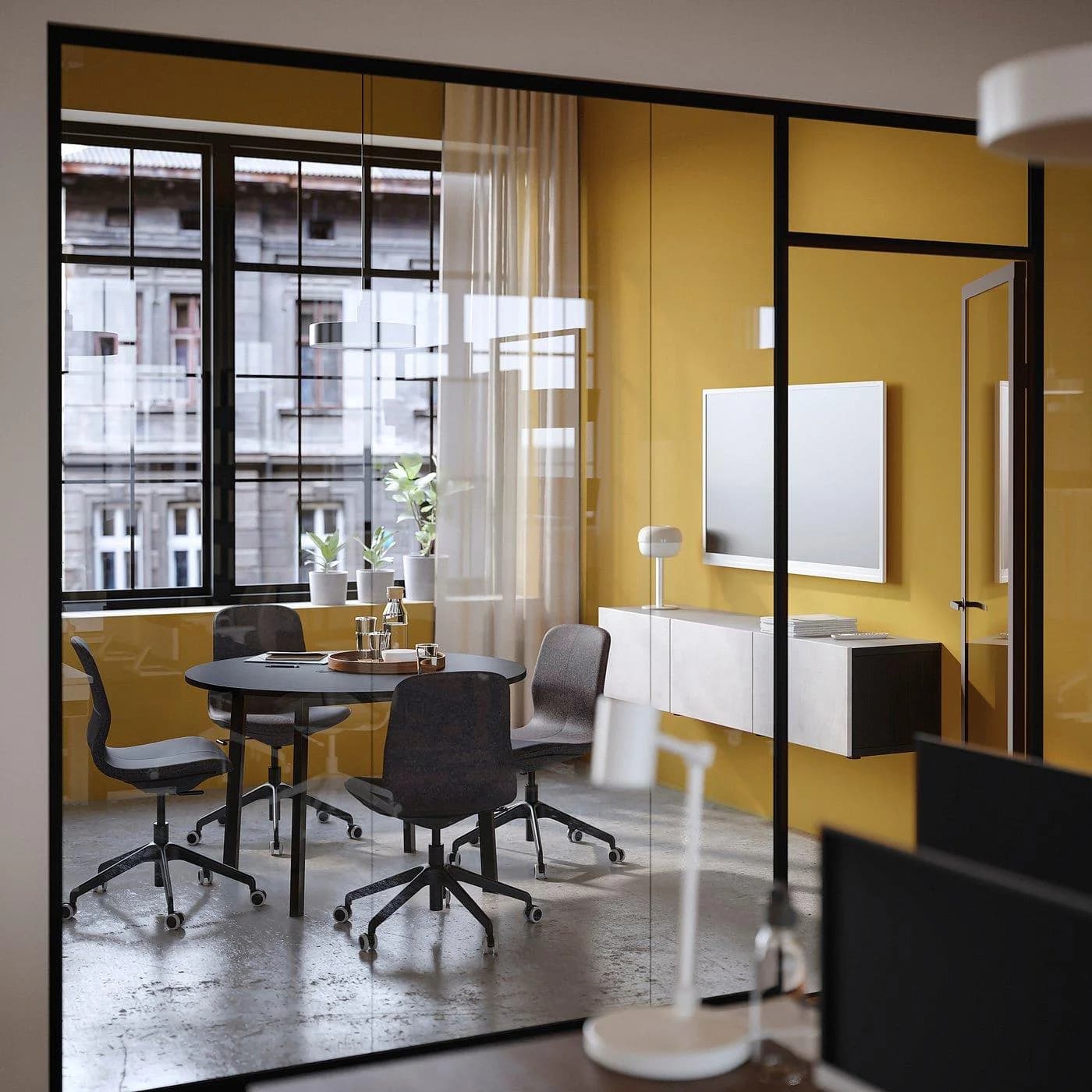 IKEA MITTZON Konferenztisch Rund Schwarz Eschenfurnier