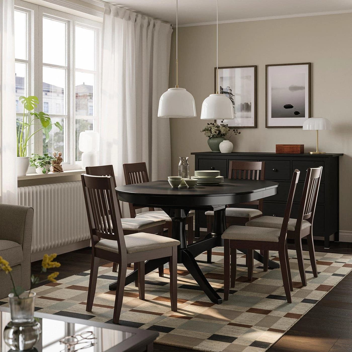 IKEA ROSENTORP / NÄSINGE Esstisch mit 6 Stühlen Schwarz/Beige