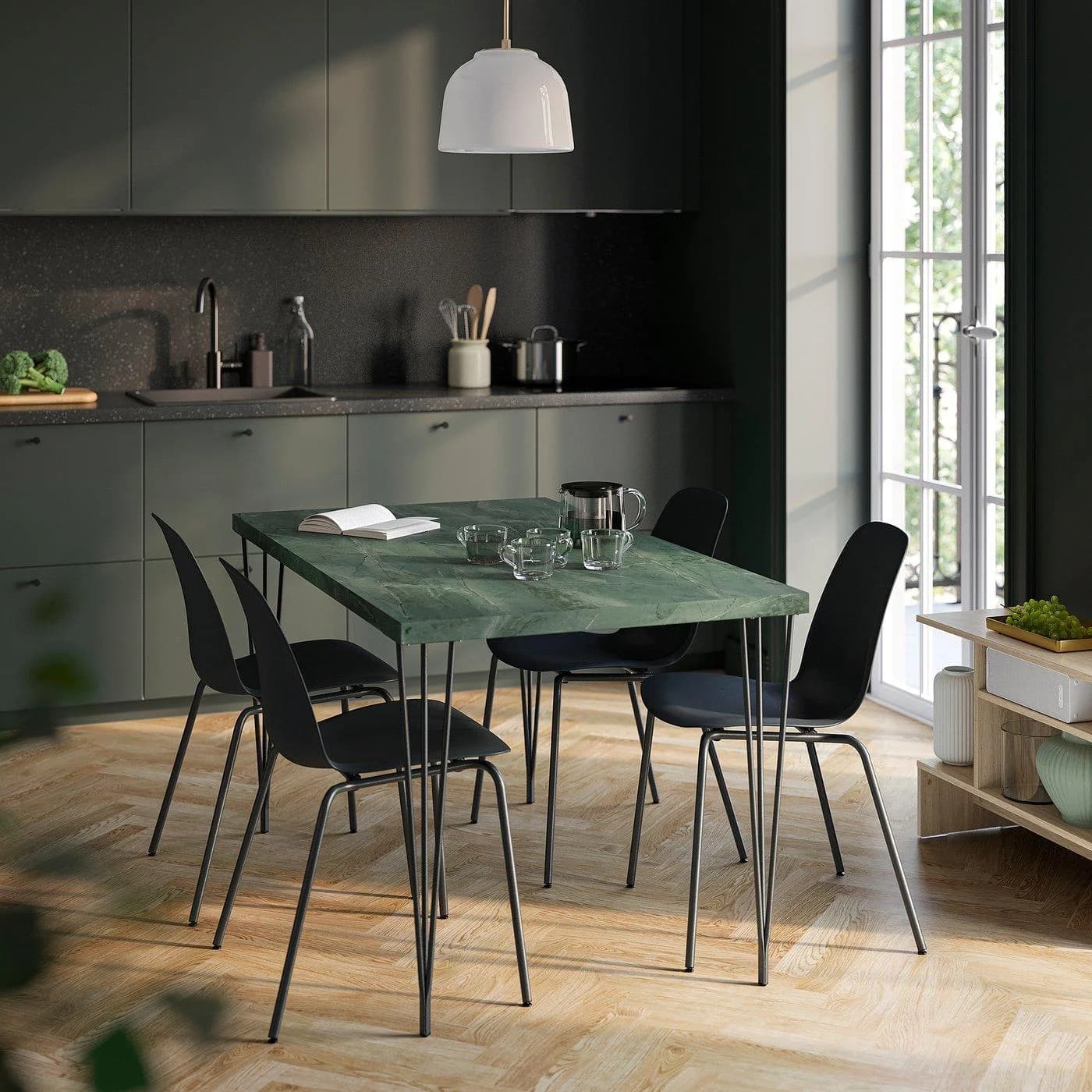 IKEA SKÅLSTA Tisch und 4 Stühle Dunkelgraugrün Marmoriert Haarnadel Metall