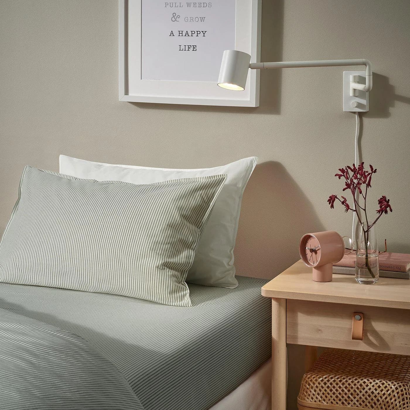 IKEA SOLFIBBLA Spannbettlaken Weiß/Grün Garngefärbt