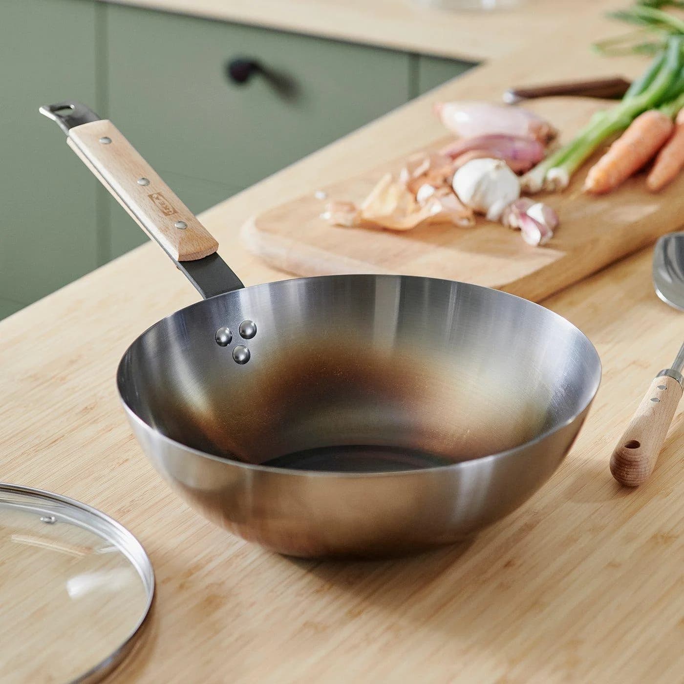 IKEA VARDAGEN Wok mit Deckel Glas Karbonstahl Buche