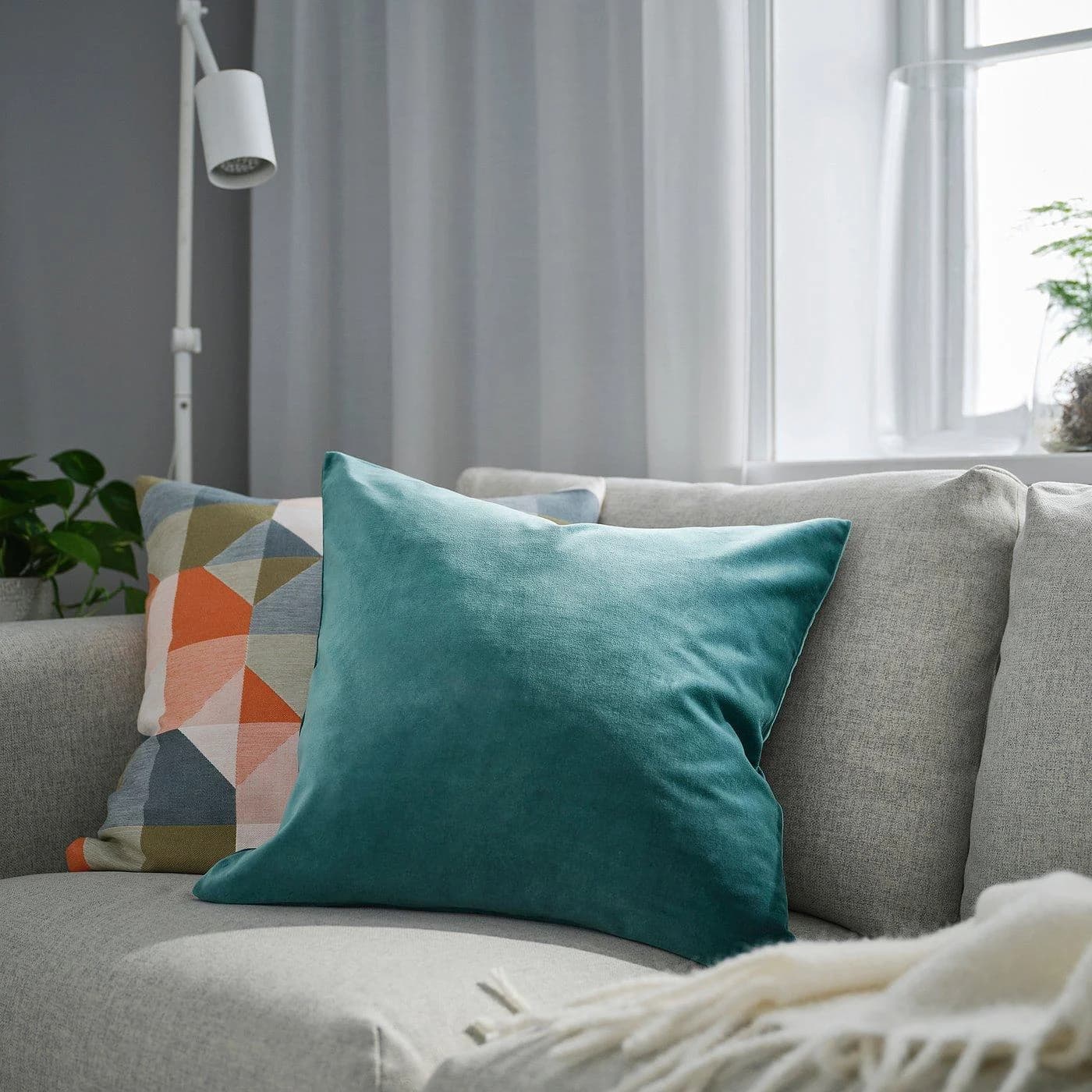 IKEA SANELA Kissenbezug Baumwollsamt Grau/Türkis