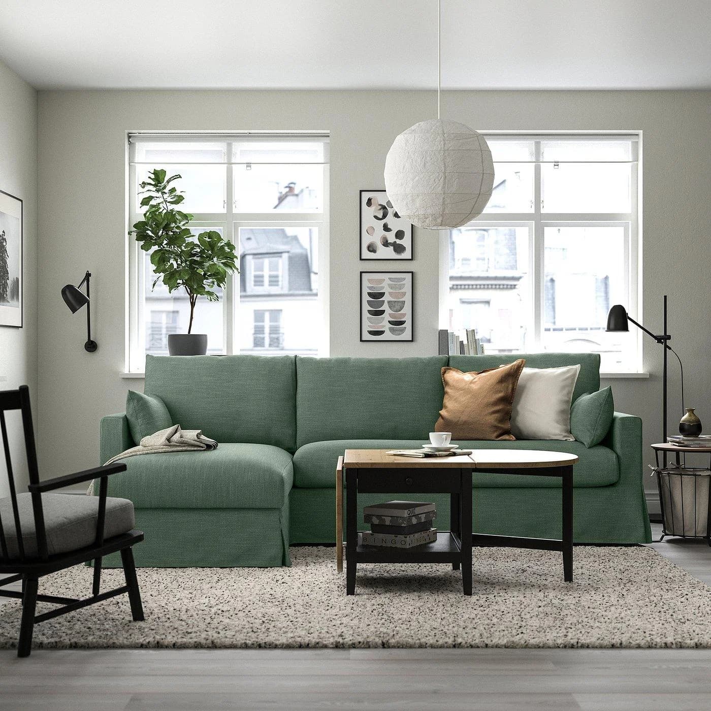 IKEA HYLTARP 3er-Sofa mit Récamiere links Graugrün