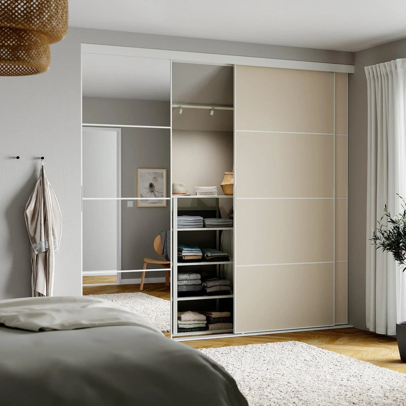 IKEA SKYTTA / MEHAMN/AULI Schiebetür-Kombination Weiß/Grau Spiegelglas