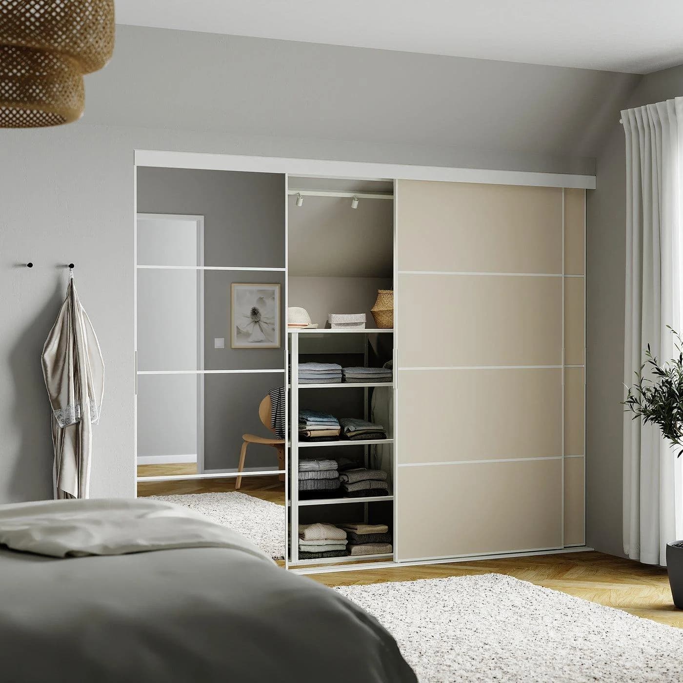 IKEA SKYTTA / MEHAMN / AULI Schiebetür-Kombination Weiß/Graubeige Spiegelglas