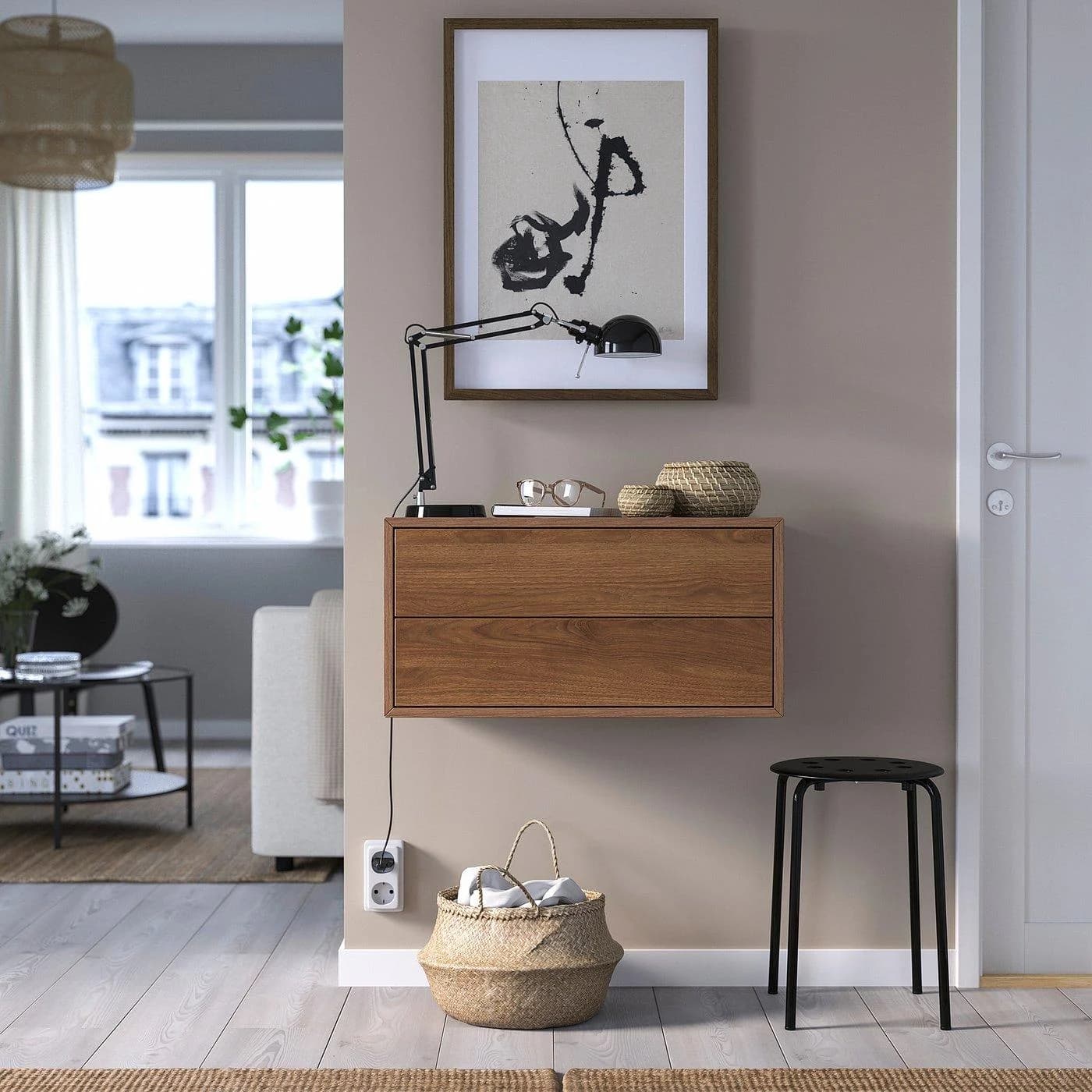 IKEA EKET Aufbewahrungskombination wandmontiert 2 Schubladen Nussbaumnachbildung