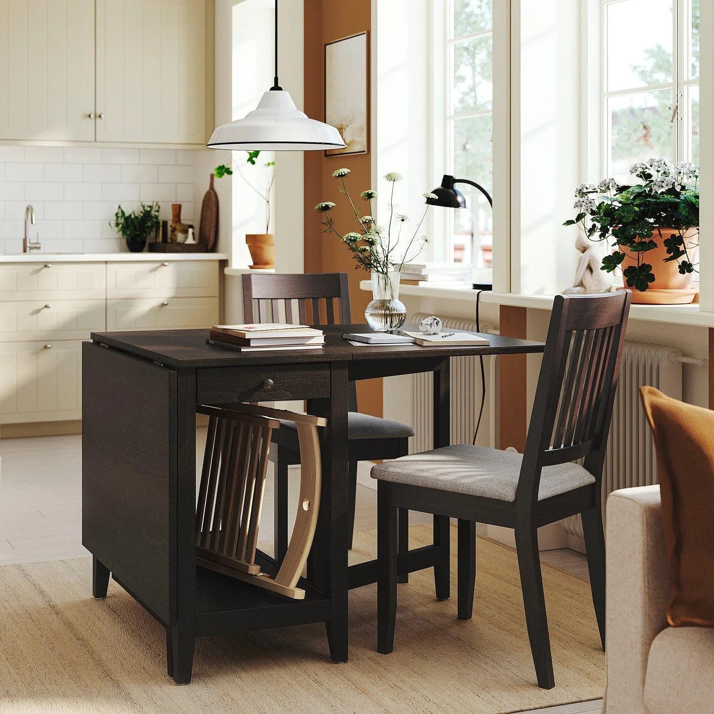 IKEA NÄSINGE Esstisch mit 2 Stühlen Klappbar Buchenfurnier Dunkelbraun Beige