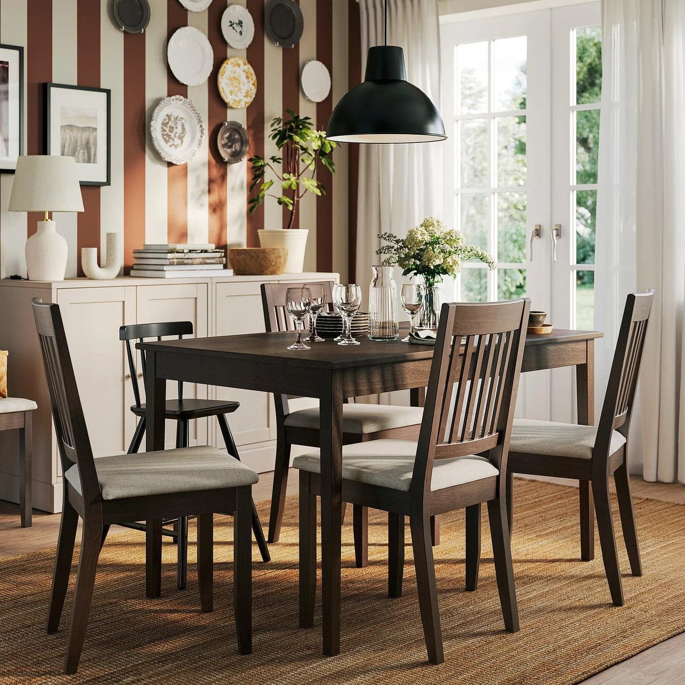 IKEA NÄSINGE Esstisch mit 4 Stühlen Dunkelbraun Beige