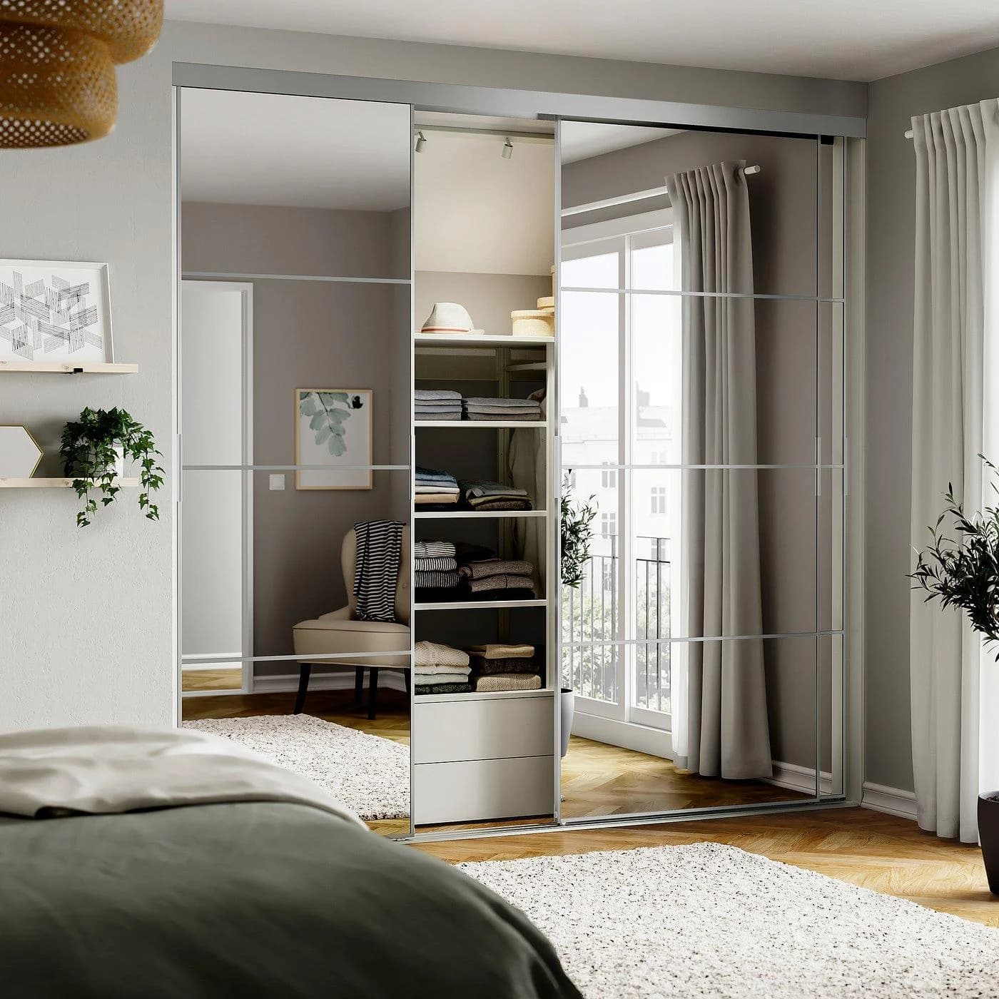 IKEA SKYTTA / AULI Schiebetür-Kombination Aluminium Spiegelglas Hellgrau
