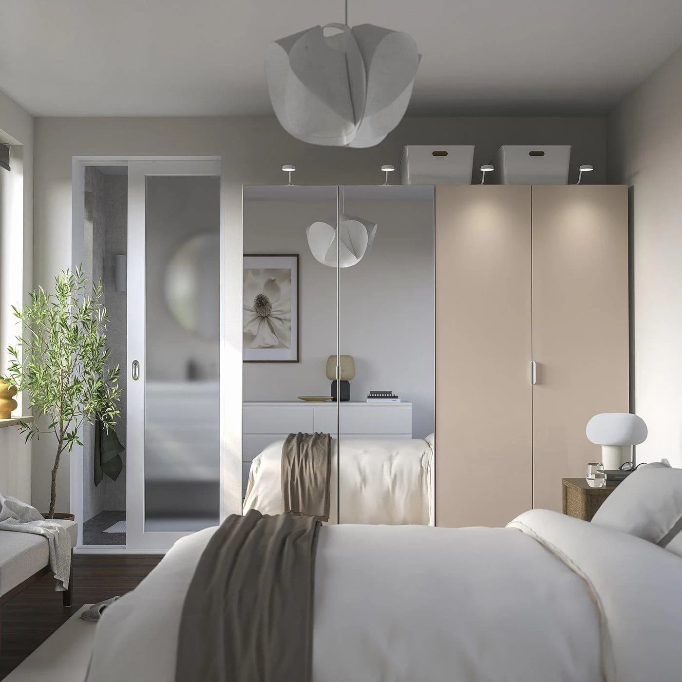 IKEA PAX / FARDAL/ÅHEIM Schrankkombination Weiß/Hellorange Spiegelglas