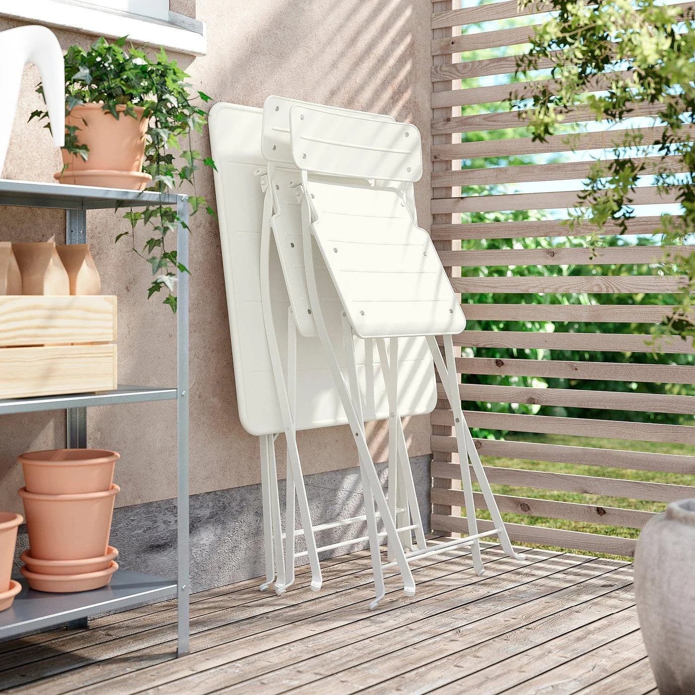IKEA SUNDSÖ Tisch und 2 Klappstühle für draußen elfenbeinweiß