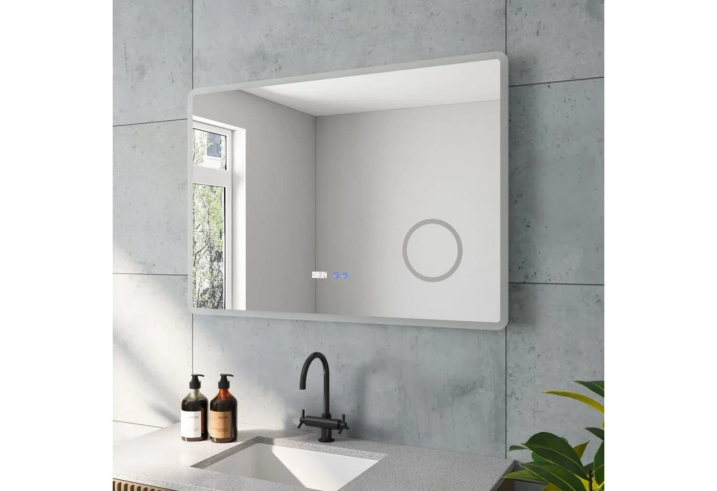 AQUABATOS LED-Badspiegel Silber mit Digitaluhr und Kosmetikspiegel