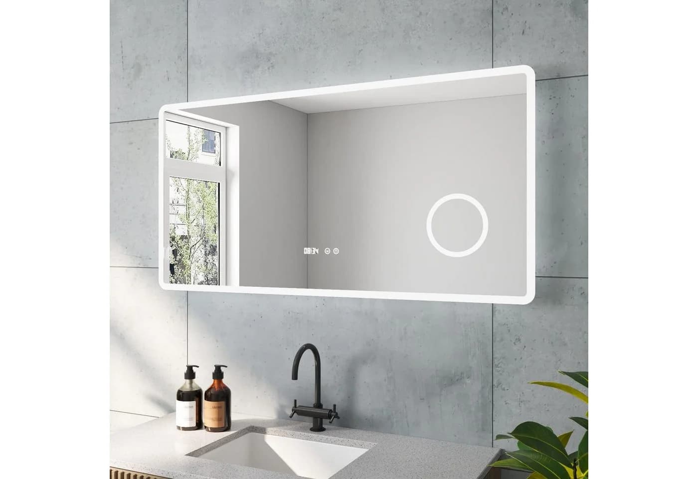 AQUABATOS LED-Badspiegel mit Digitaluhr und Kosmetikspiegel silber - Bild 2