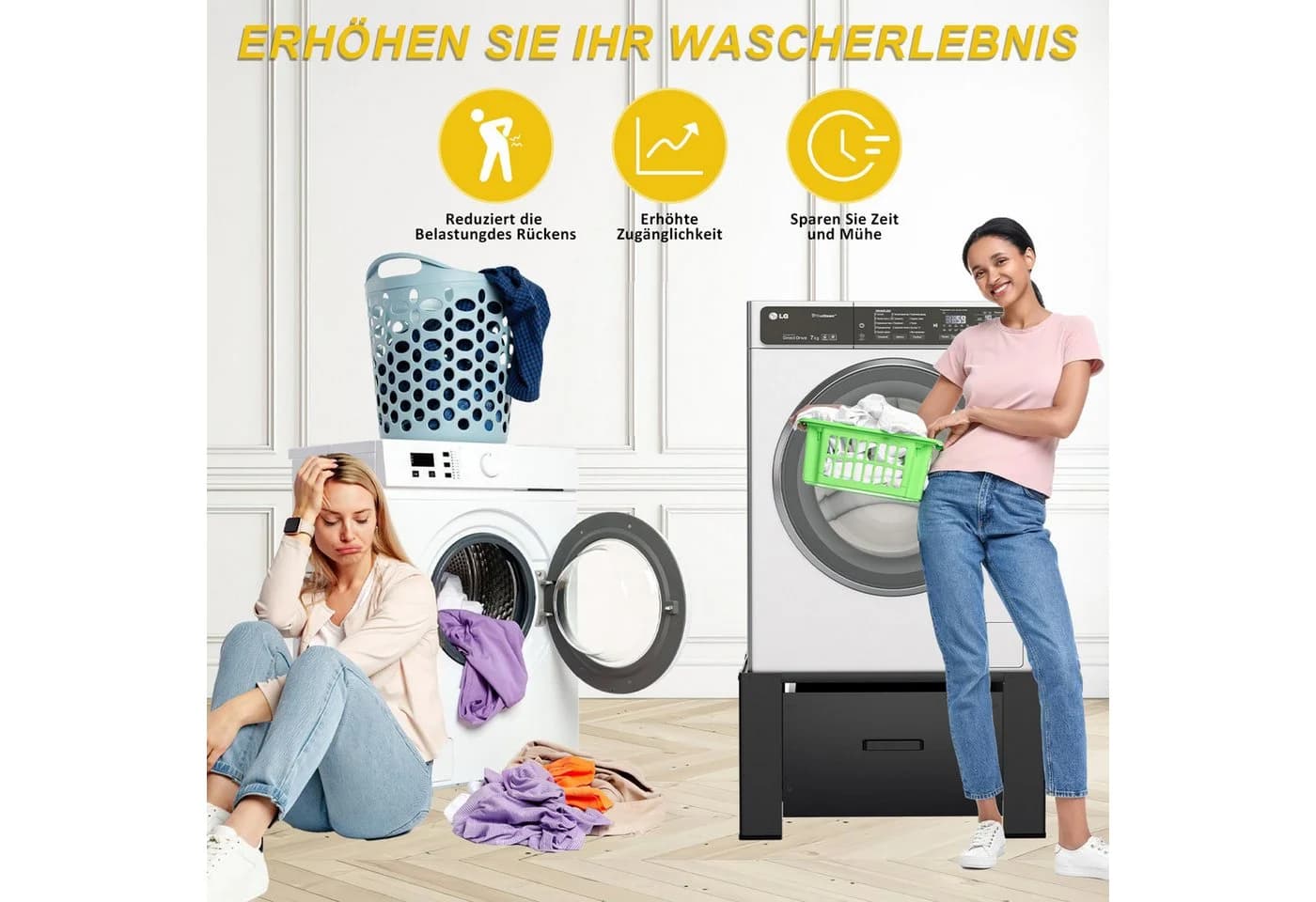 Clanmacy Waschmaschinenunterschrank 2er Set Schwarz mit Schublade - Bild 3