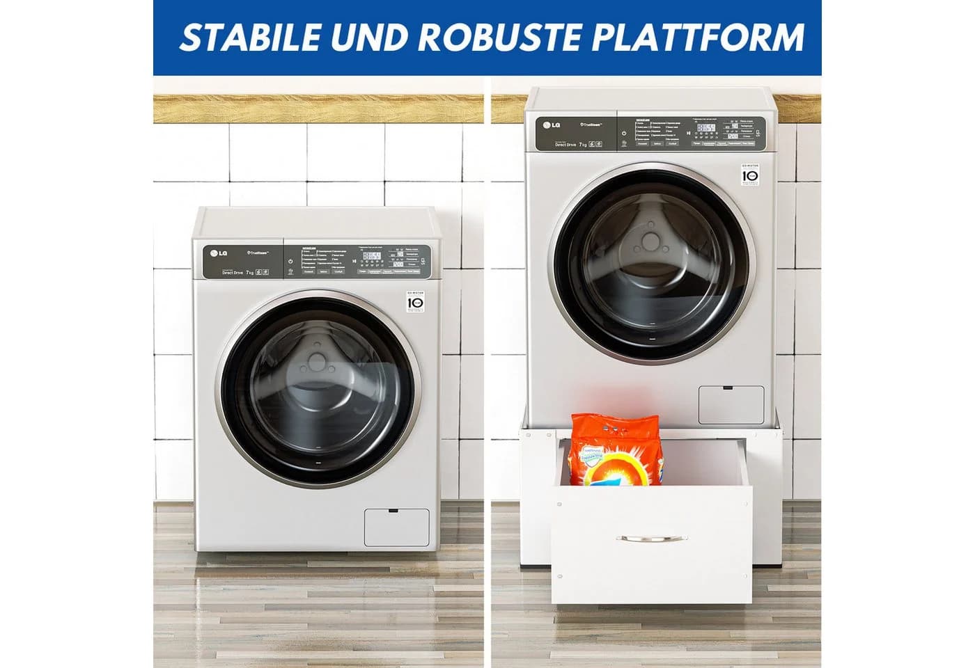 Clanmacy Waschmaschinenuntergestell Weiß mit Schublade & 150kg Tragkraft - Bild 4