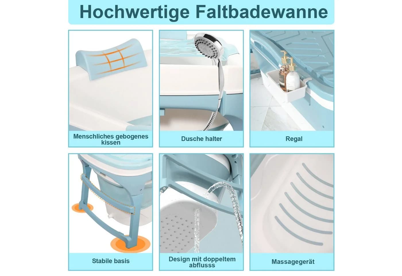 Clanmacy Faltbare Badewanne Blau 118 cm - Bild 4