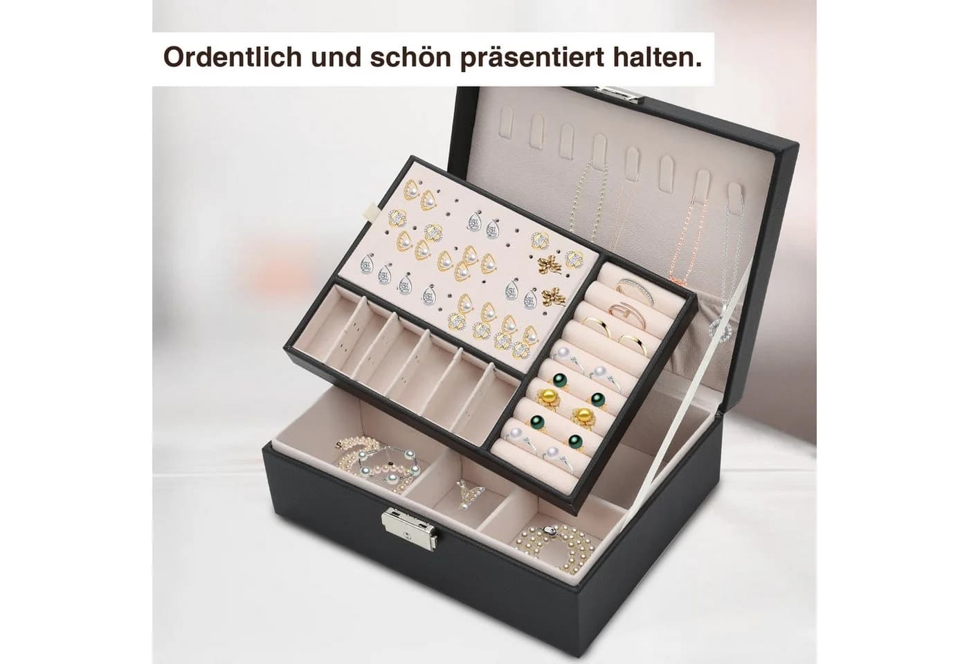 Clanmacy Schmuckkasten 2-schichtig Schwarz mit Spiegel - Bild 3