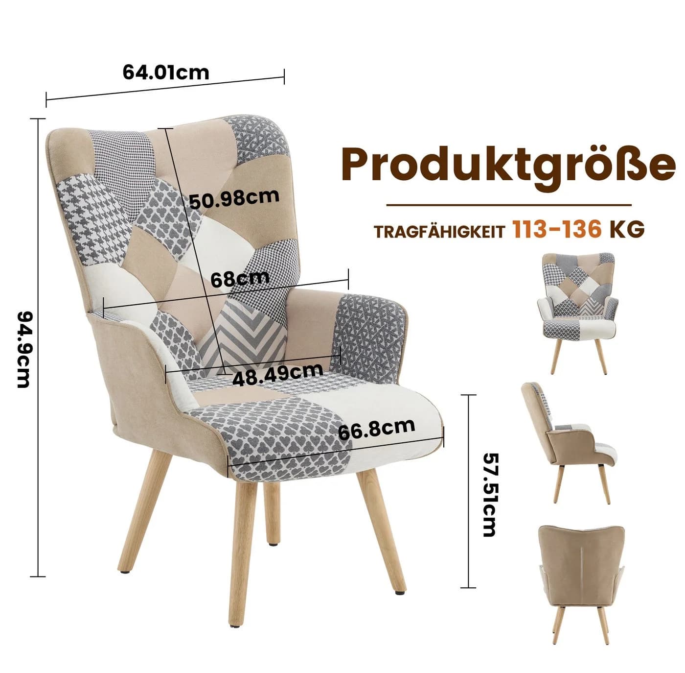 Aunekiv Patchwork-Sessel Grau/Bunt aus Leinen mit Massivholz-Füßen