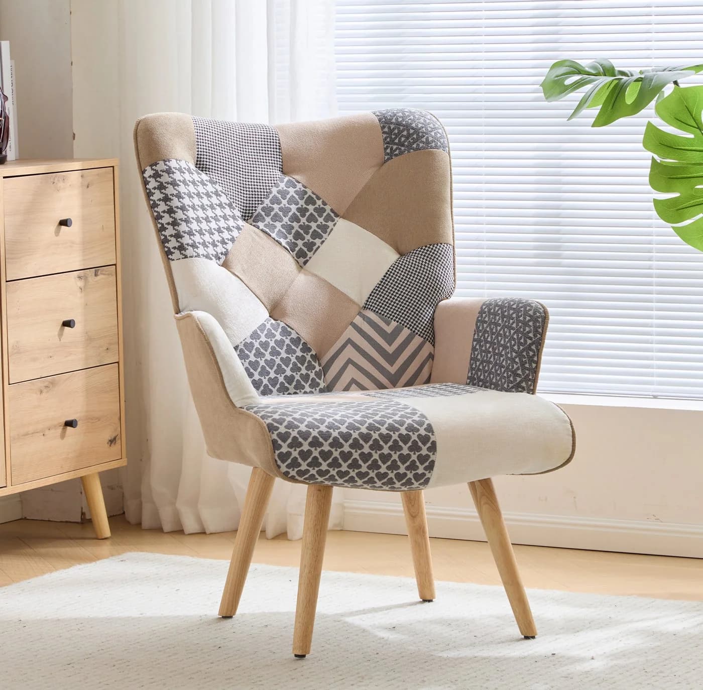 Aunekiv Patchwork-Sessel Grau/Bunt aus Leinen mit Massivholz-Füßen - Bild 3