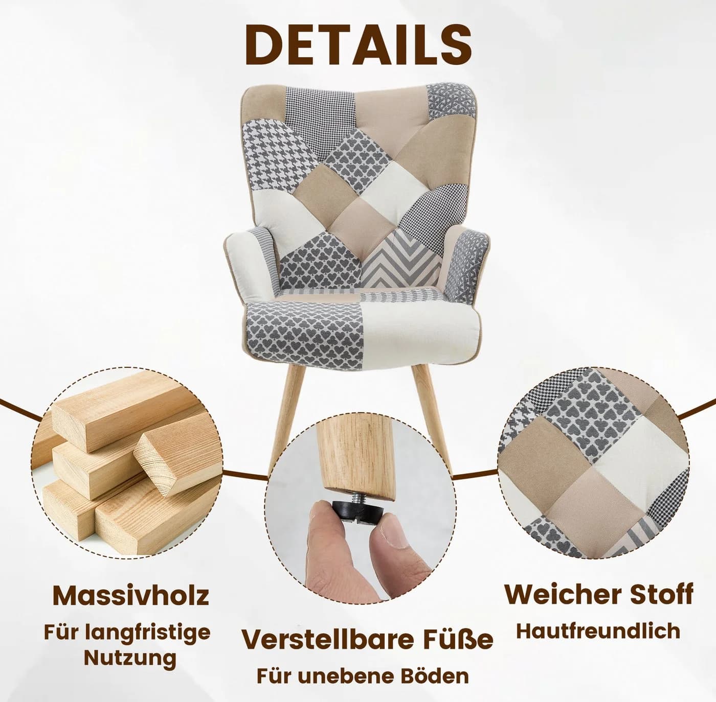 Aunekiv Patchwork-Sessel Grau/Bunt aus Leinen mit Massivholz-Füßen - Bild 4
