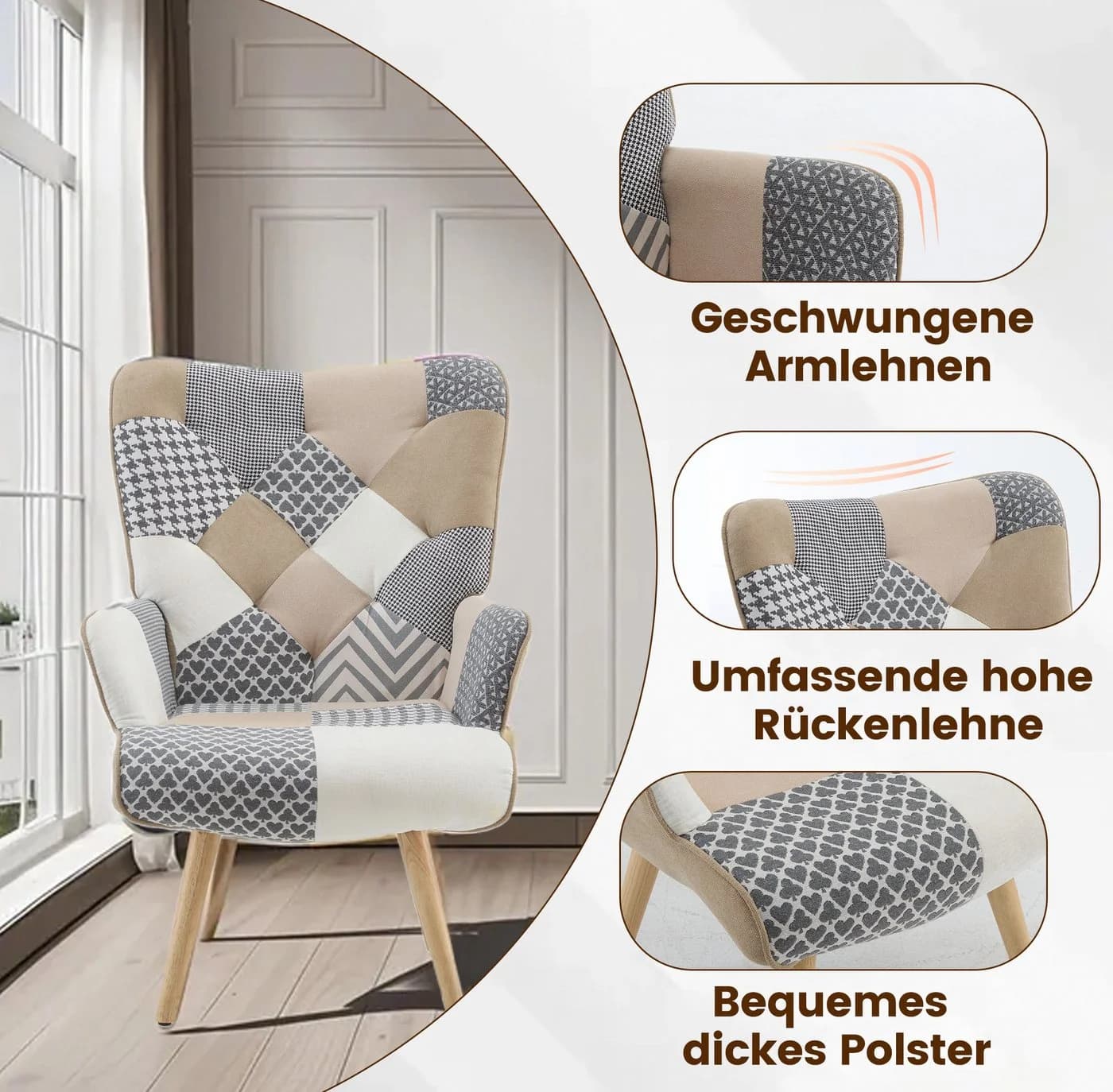 Aunekiv Patchwork-Sessel Grau/Bunt aus Leinen mit Massivholz-Füßen - Bild 5