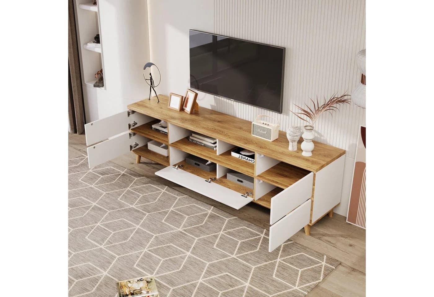 Odikalo TV-Schrank Weiß Landhausstil mit Fächern - Bild 3