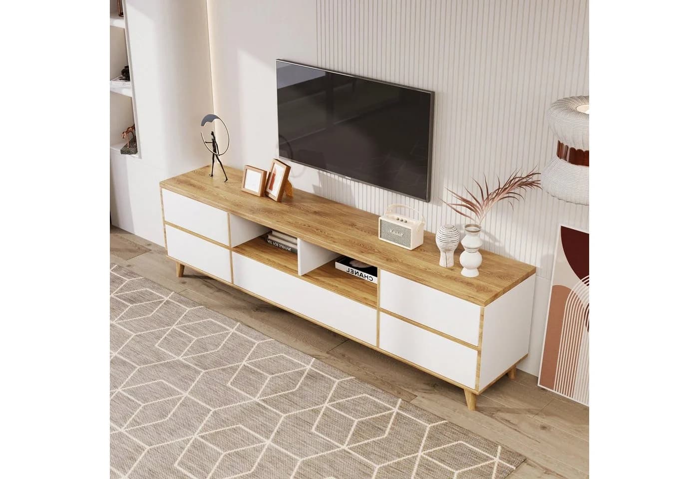 Odikalo TV-Schrank Weiß Landhausstil mit Fächern - Bild 4