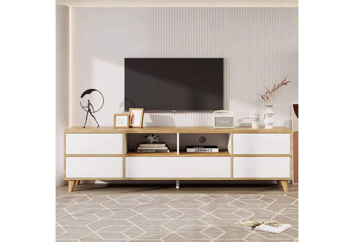 Odikalo TV-Schrank Weiß Landhausstil mit Fächern - Bild 5
