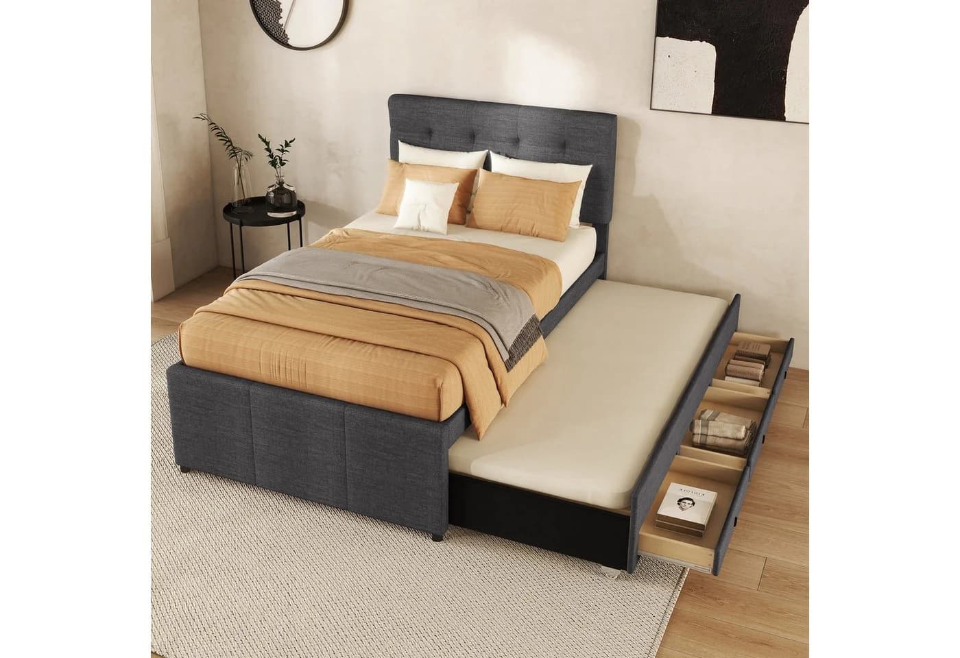 Odikalo Polsterbett mit Ausziehbett & Schubladen Beige/Grau - Bild 2