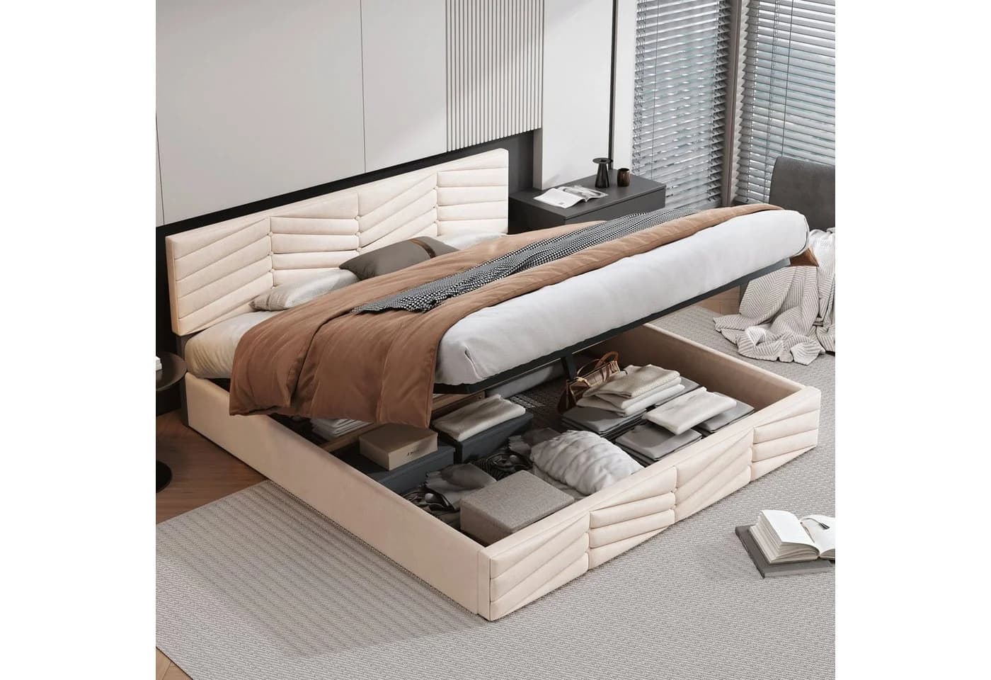 Odikalo Stauraumbett Polsterbett Samt Beige/Grau mit Lattenrost - Bild 5